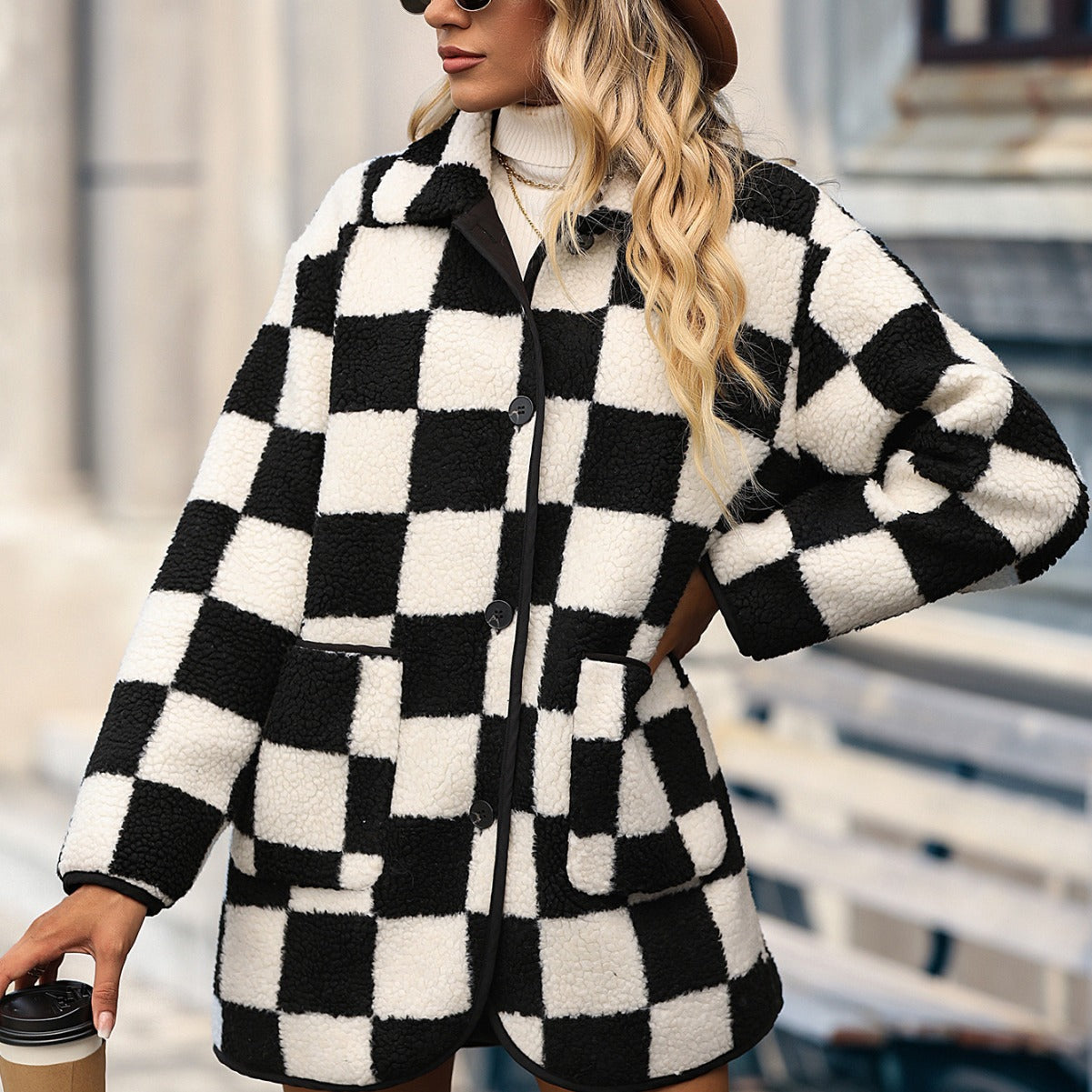 Mid-length Plush Hooded Chessboard Plaid Coat