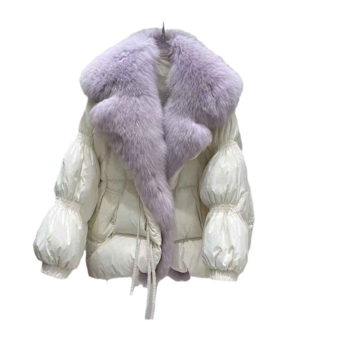 Short Loose Big Fur Collar White Duck Down Jacket Women's Coat